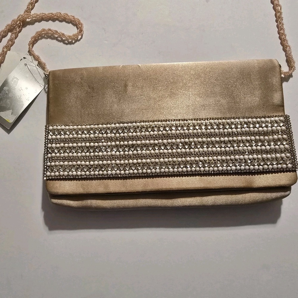 Nina Champagne Satin Clutch Pearl Rhinestone Embellished Evening Bag NWT‎